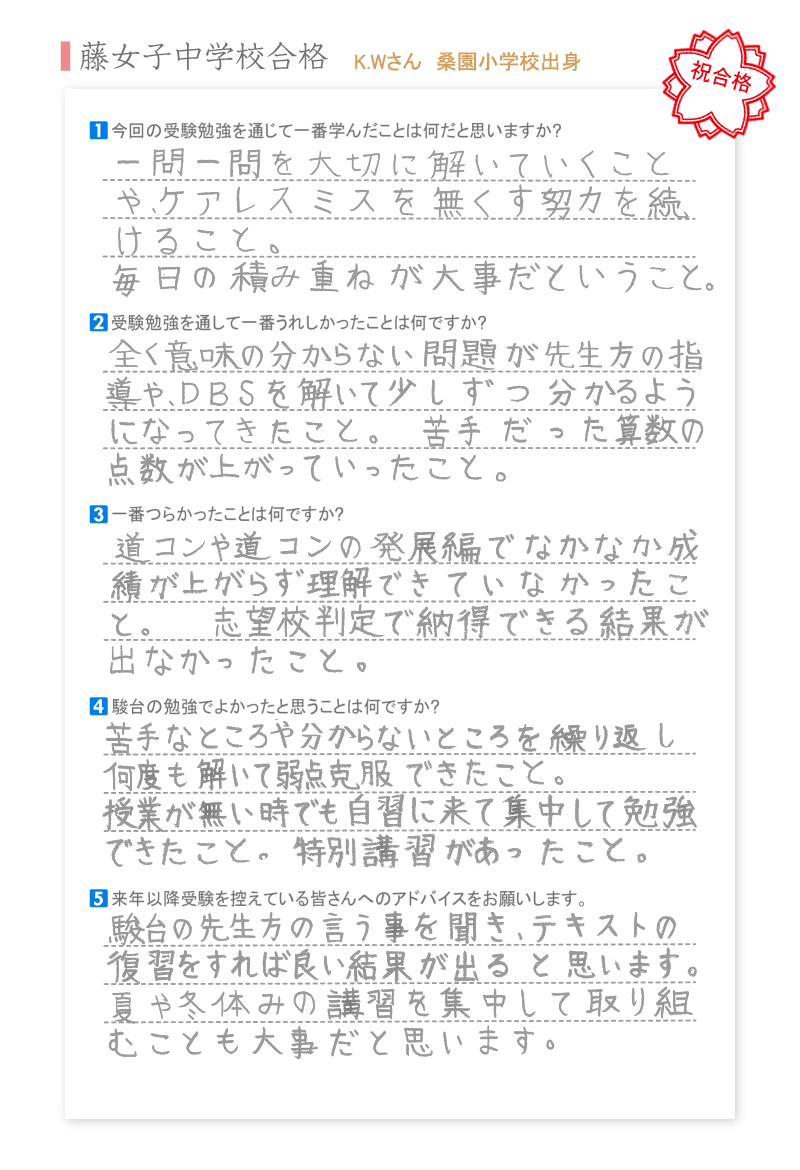 藤女子中学校合格